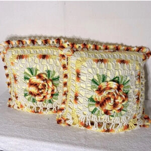 Vintage MCM Yellow Orange Crochet Flower Pillowcases With Yellow Fabric Backs x2